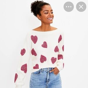 LOFT White Boat Neck Sweater with pink Heart Design